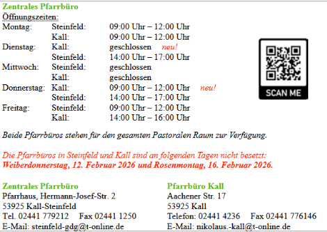Öffnungszeiten Pfarrbüro (c) Pfarrbüro Steinfeld